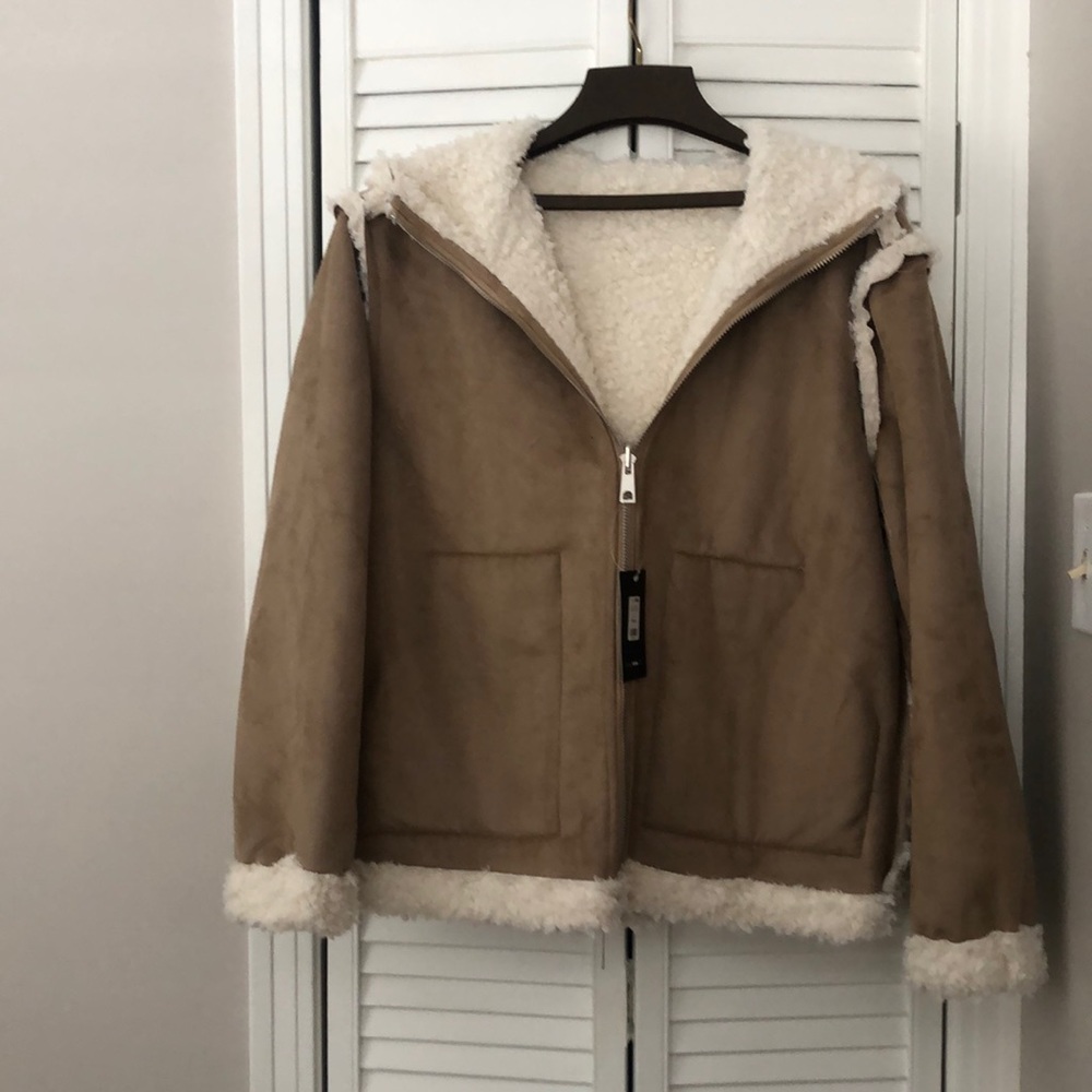 Suede Sherpa Jacket with Hood